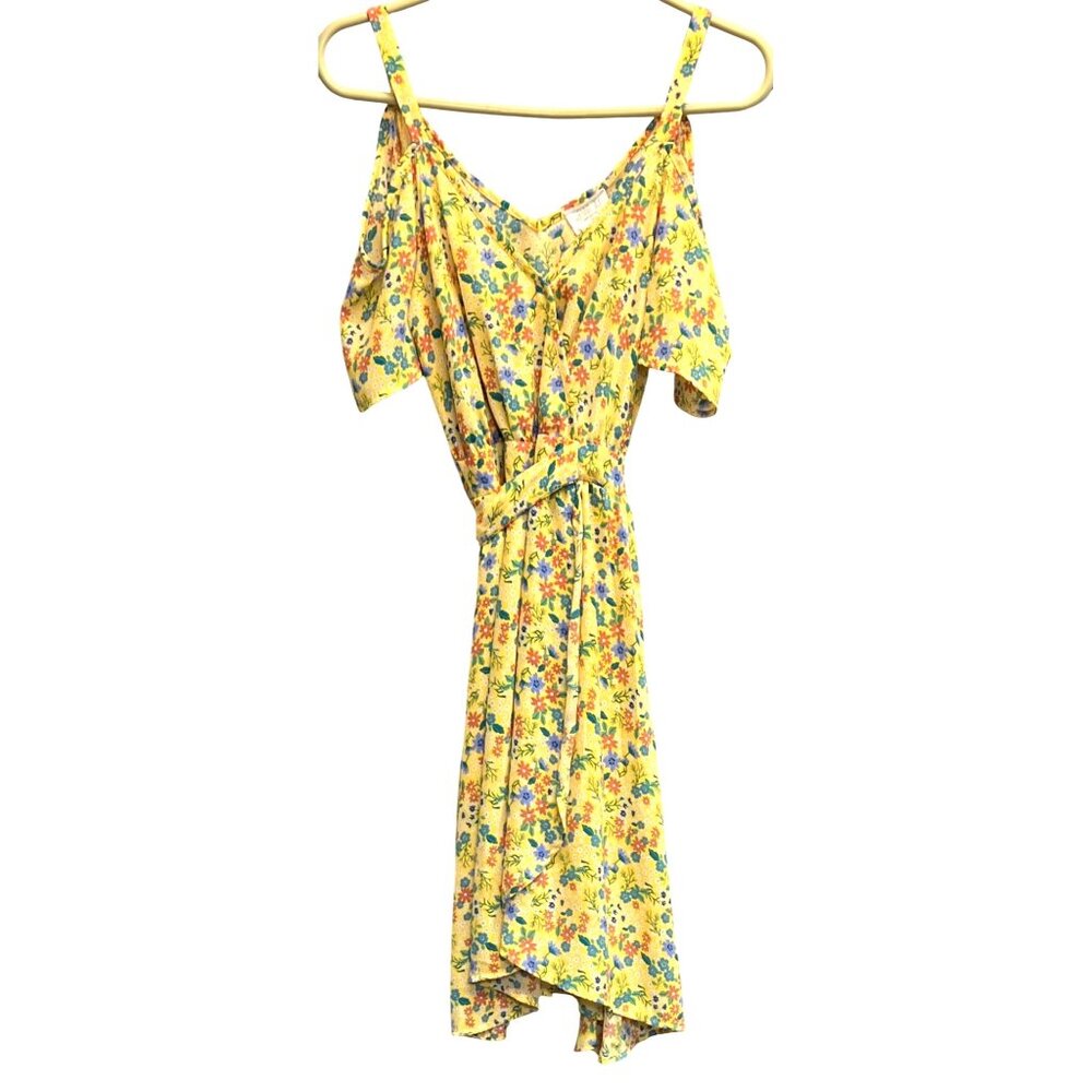 Sienna Sky Women’s Yellow Floral Cold Shoulder Wrap Dress With Tie XS